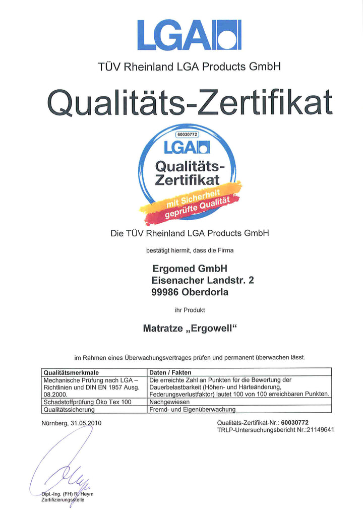 Qualitäts-Matratze ergovital vitalwell mit Zertifikat TÜV Rheinland LGA Products GmbH